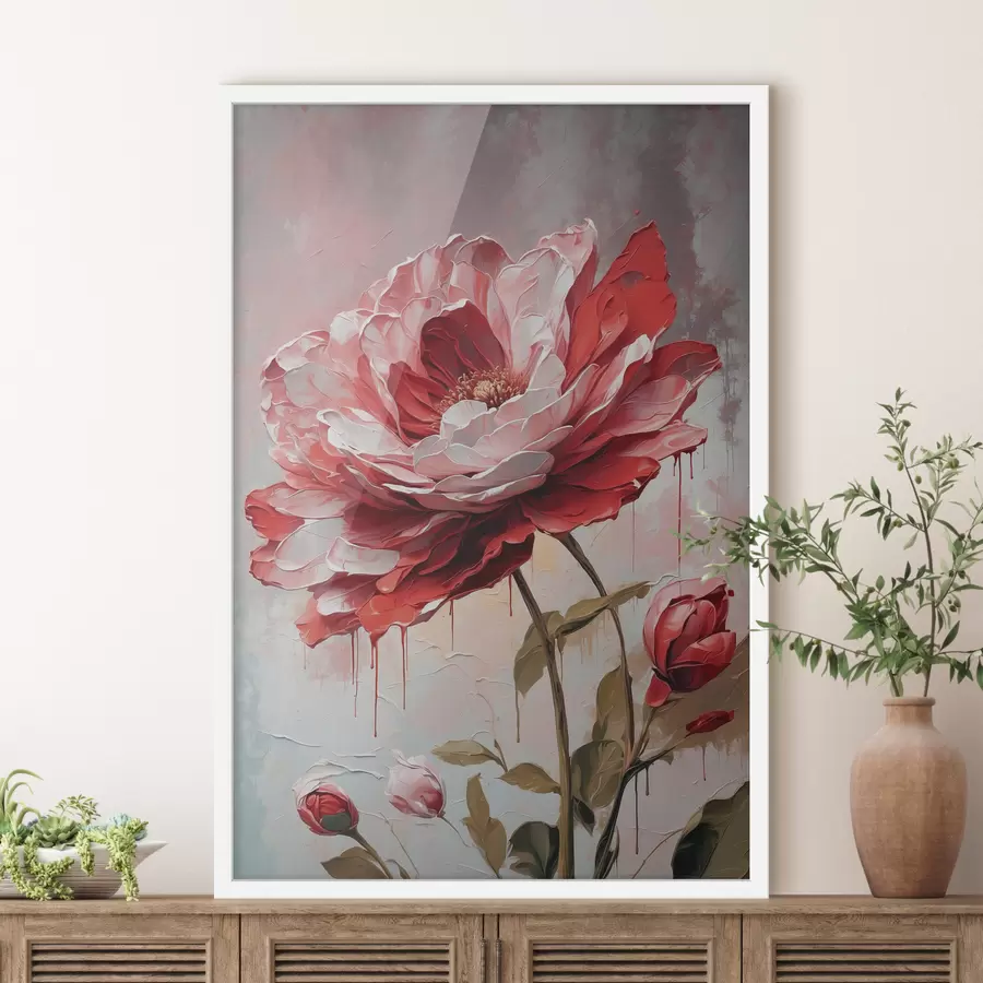 carta da parati Fiore rosso su sfondo bianco-grigio nr. f39173