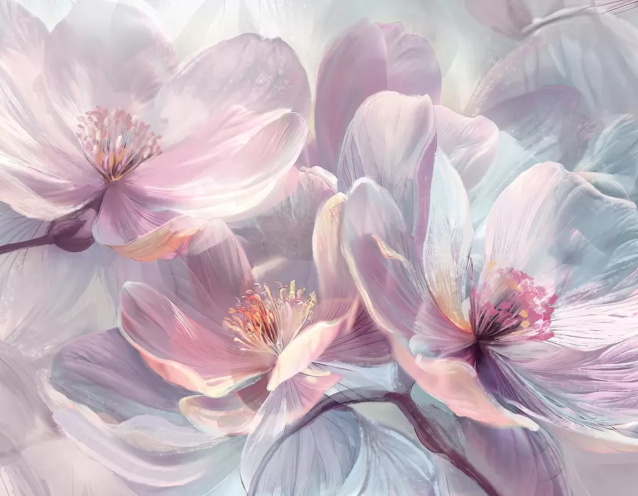 Carta da parati Floreale Delicati fiori rosa chiaro e bianchi pastello trasparenti al neon con sfondo morbido e sfocato n. w01307