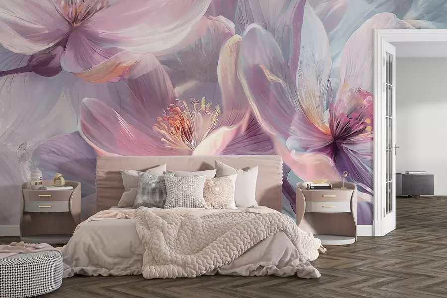 Carta da parati Floreale Delicati fiori rosa chiaro e bianchi pastello trasparenti al neon con sfondo morbido e sfocato n. w01307