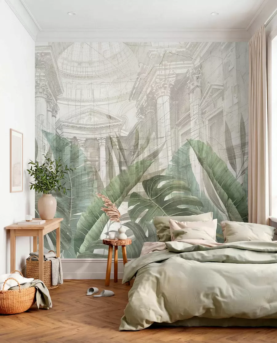 Carta da parati nature Un grande disegno con colonne architettoniche in marmo ornate e lussureggianti piante verdi tropicali  