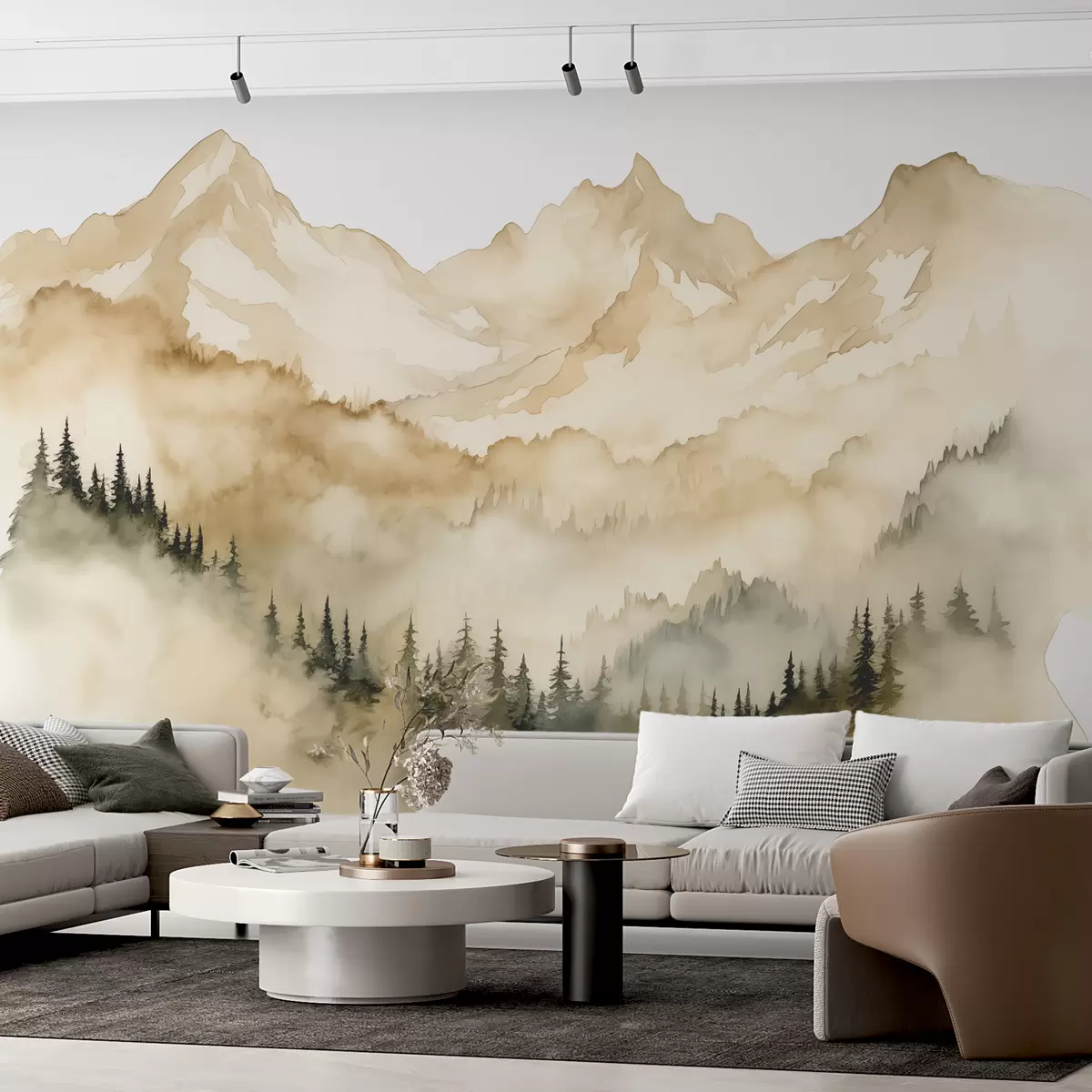 carta da parati Foresta nella nebbia ai piedi delle montagne beige rocciose illustrazione dell'acquerello nr. w07884