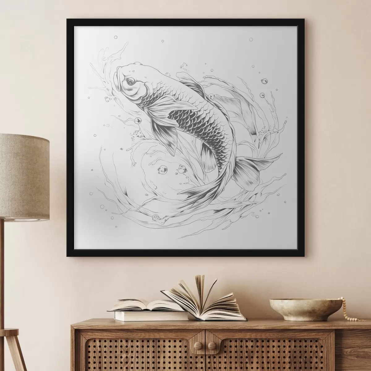 Poster Disegno monocromatico di pesci Koi f39433