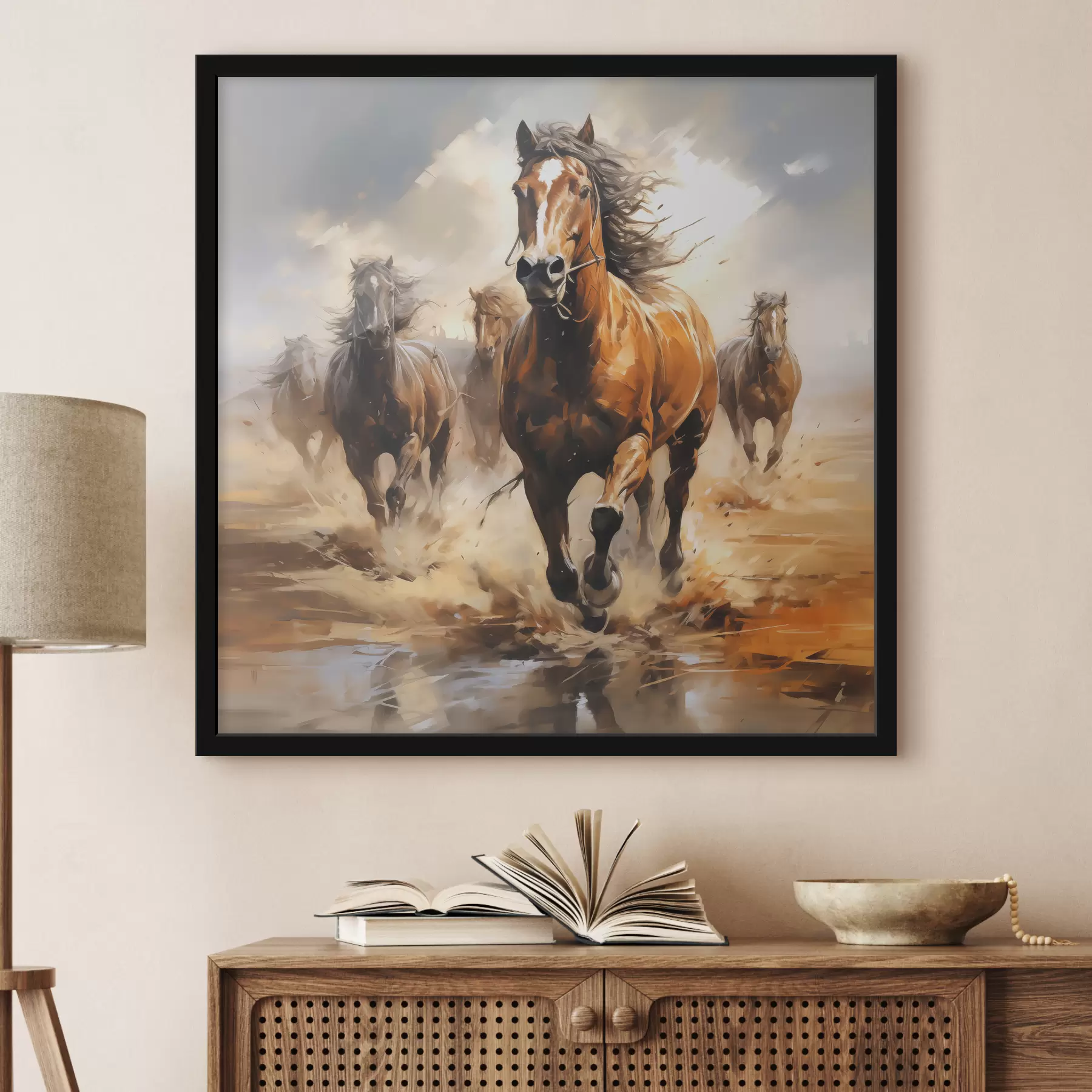 carta da parati Cavalli al galoppo nel prato pittura ad olio nr. f39436