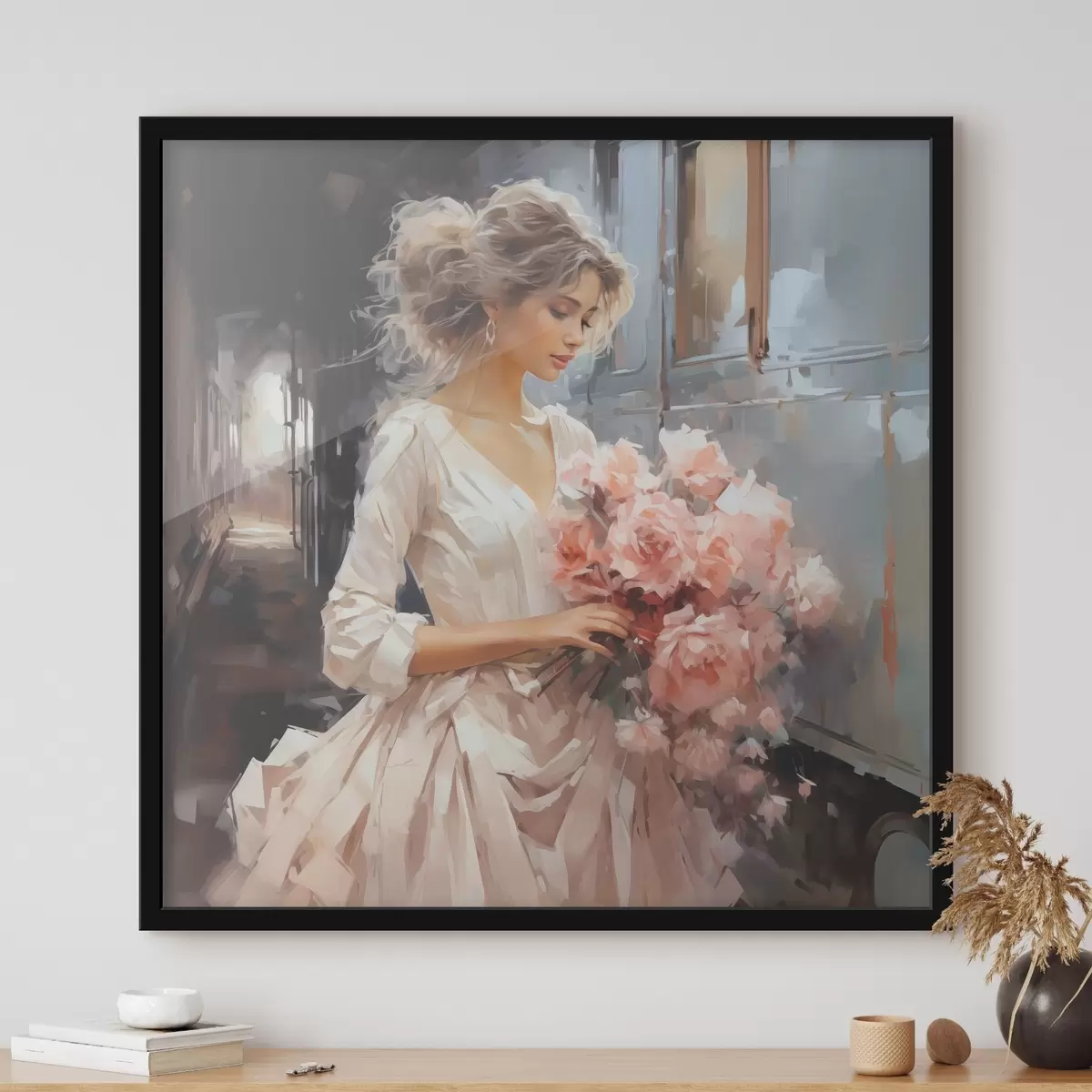 Poster Una ragazza in abito bianco alla stazione tiene in mano un bouquet di rose rosa, pittura a olio f39438