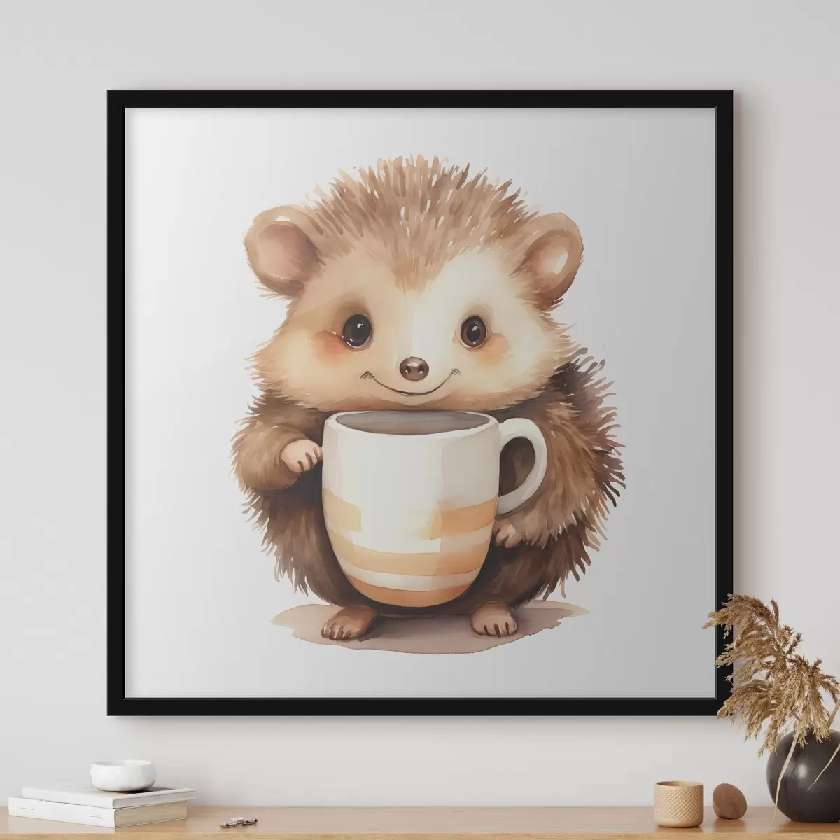 Poster Riccio che tiene una tazza bianca tra le zampe illustrazione ad acquerello per bambini f39440