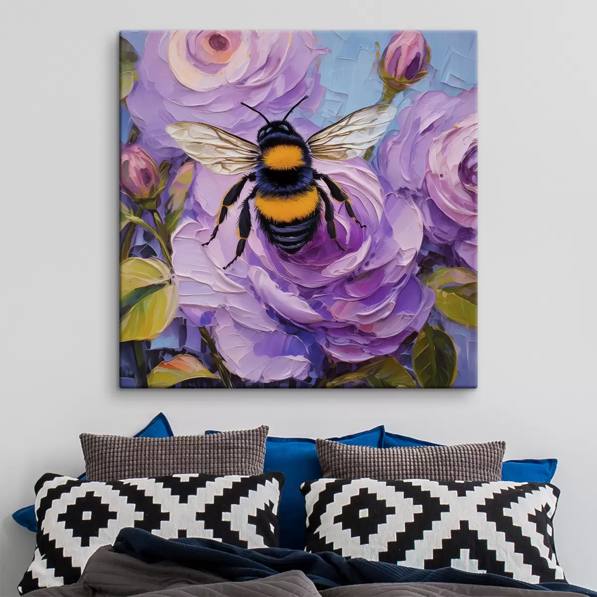 carta da parati Ape sulle peonie rosa, fiori estivi colorati, pittura a olio, pennellate vivaci nr. s39411