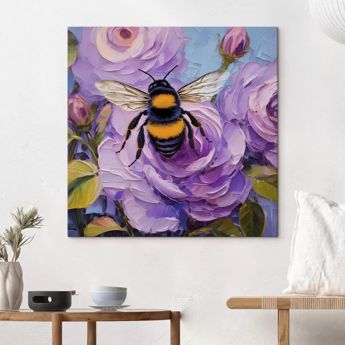 carta da parati Ape sulle peonie rosa, fiori estivi colorati, pittura a olio, pennellate vivaci nr. s39411