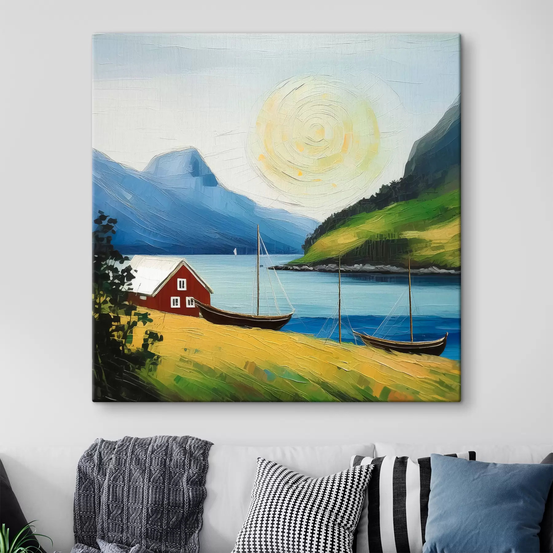 carta da parati Estate nordica, casetta in riva al mare, sole nel cielo azzurro, montagne nr. s39423