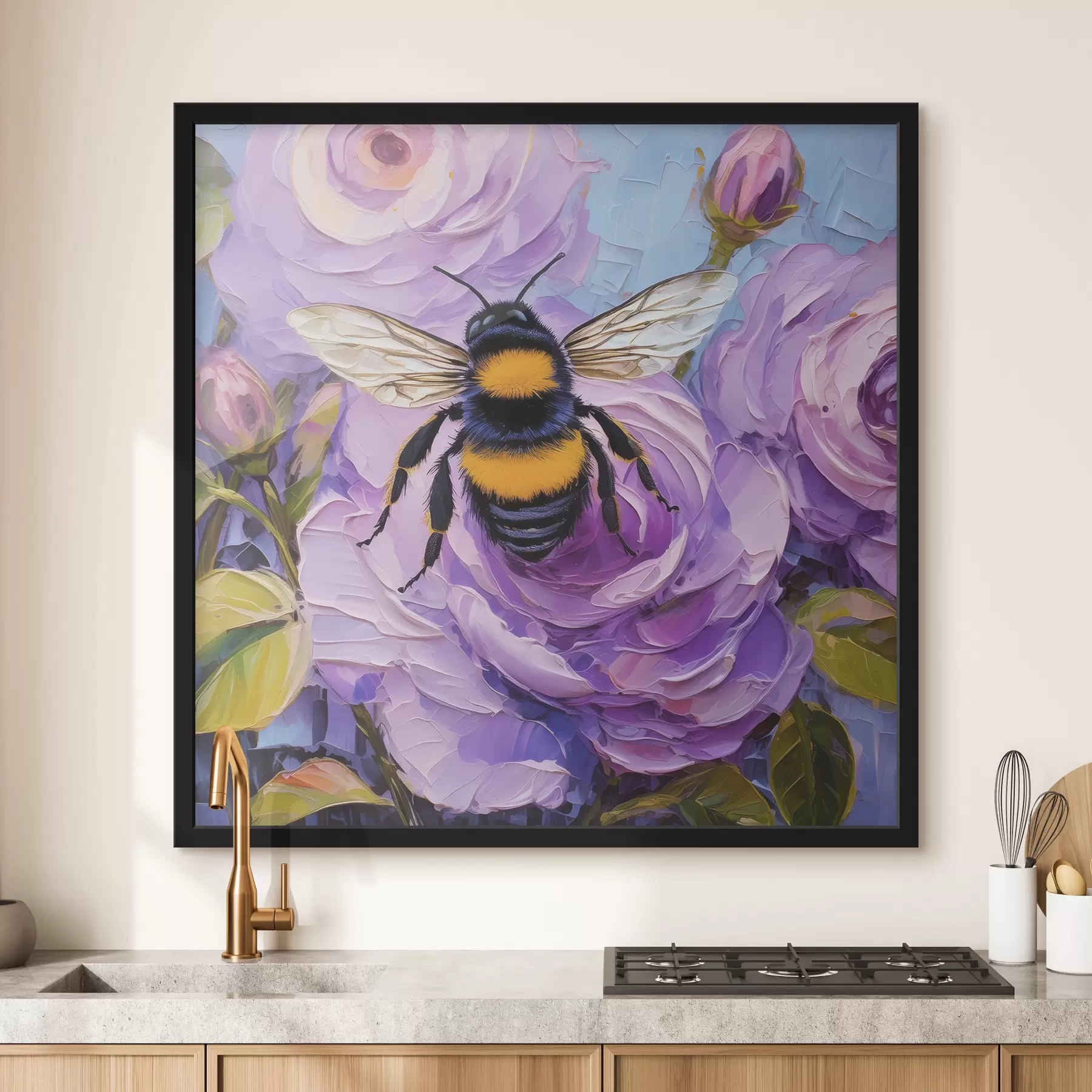 carta da parati Ape su peonie rosa, fiori estivi colorati, pittura a olio, pennellate vivaci nr. f39411