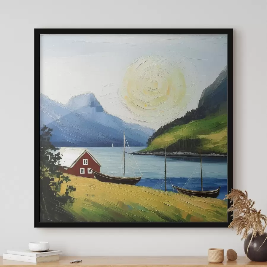 carta da parati Estate nordica, piccola casa sulla costa del mare, sole nel cielo blu, montagne nr. f39423