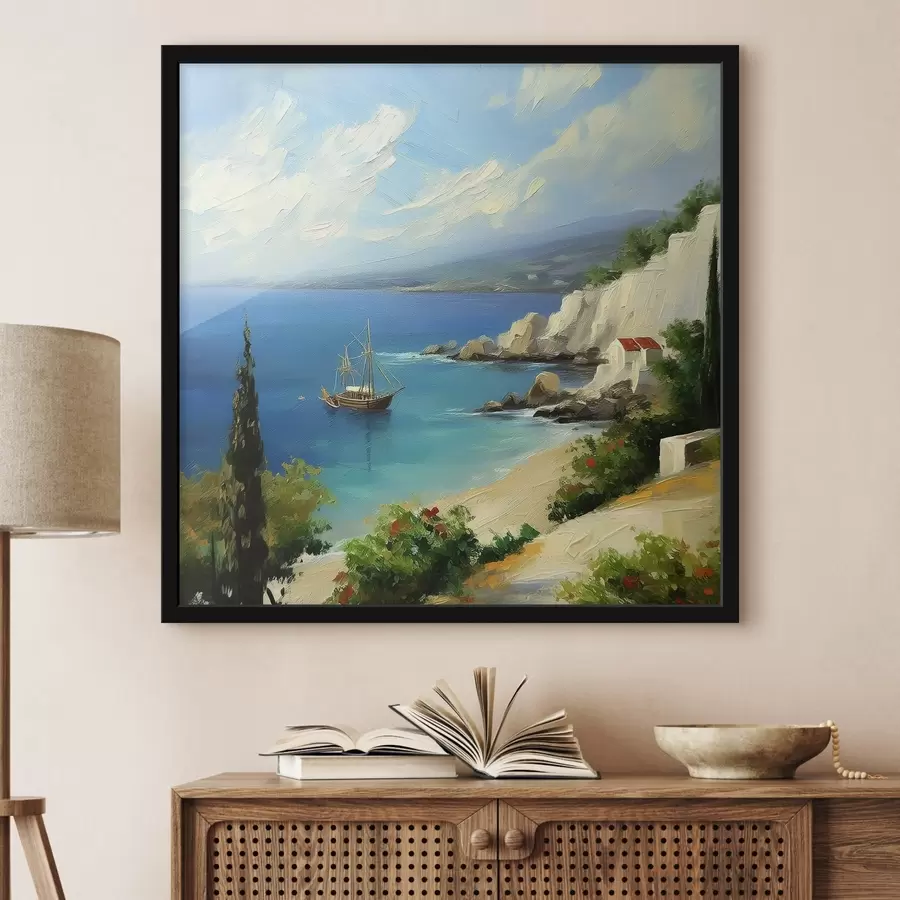 carta da parati Costa del mare della Grecia, nave, acqua blu, pittura a olio, natura estiva, rocce, pennellate vivaci nr. f39425