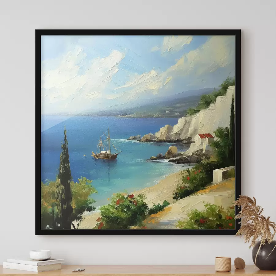 carta da parati Costa del mare della Grecia, nave, acqua blu, pittura a olio, natura estiva, rocce, pennellate vivaci nr. f39425