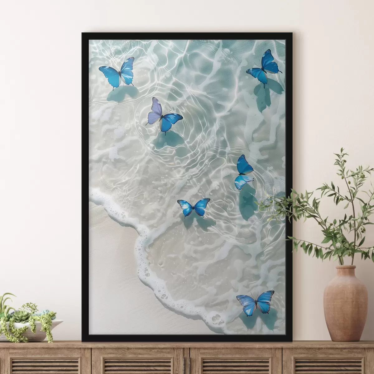 Poster Farfalle blu su un'onda del mare f39228