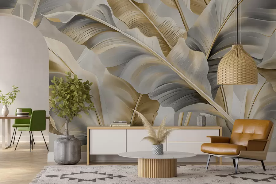 Carta da parati 3D lussuose grandi foglie di banano nei toni grigio-beige 