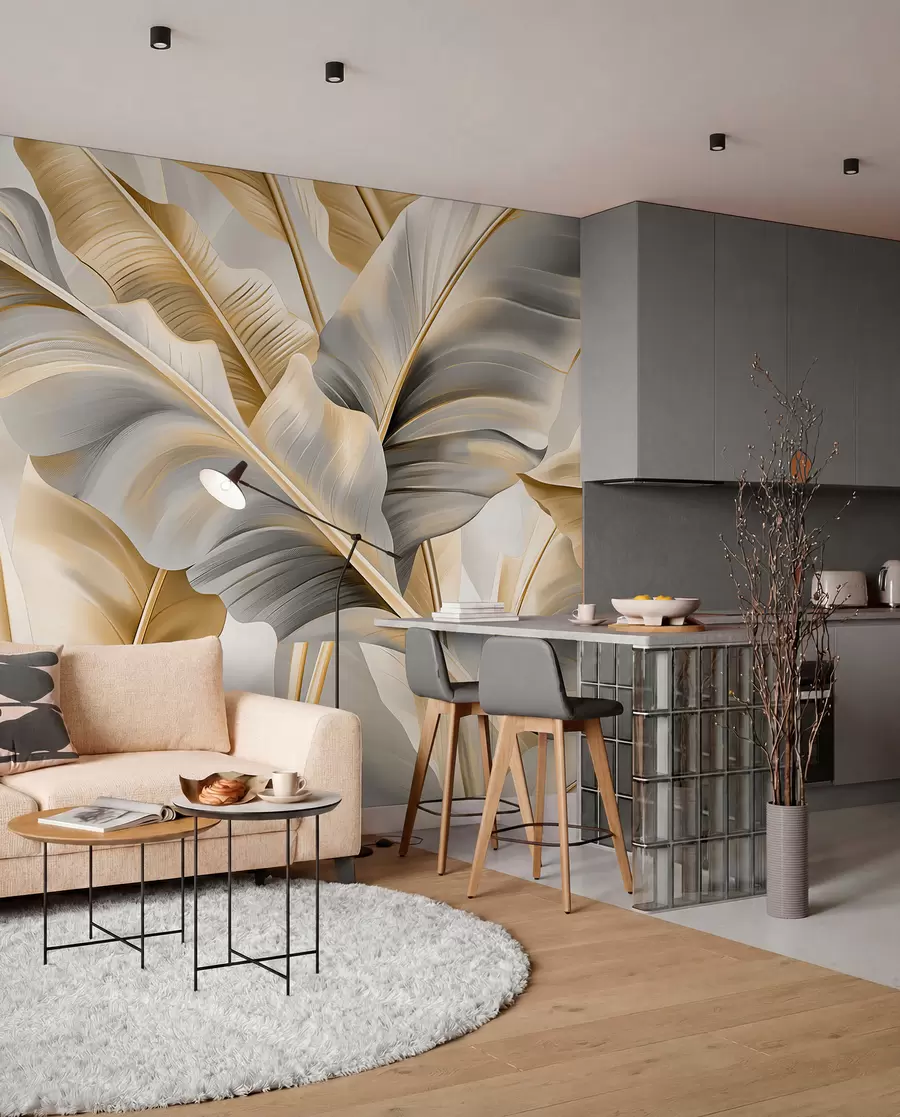 Carta da parati 3D lussuose grandi foglie di banano nei toni grigio-beige 