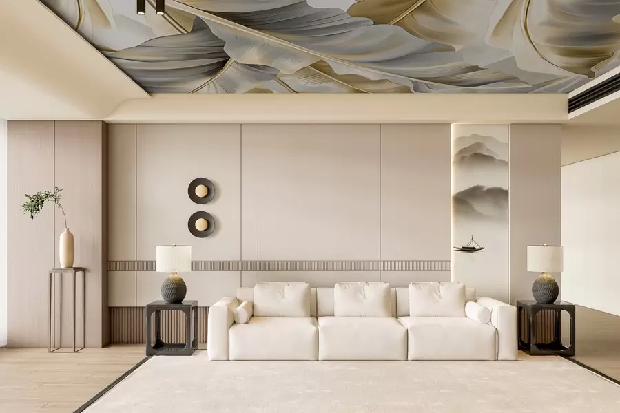 Carta da parati 3D lussuose grandi foglie di banano nei toni grigio-beige 