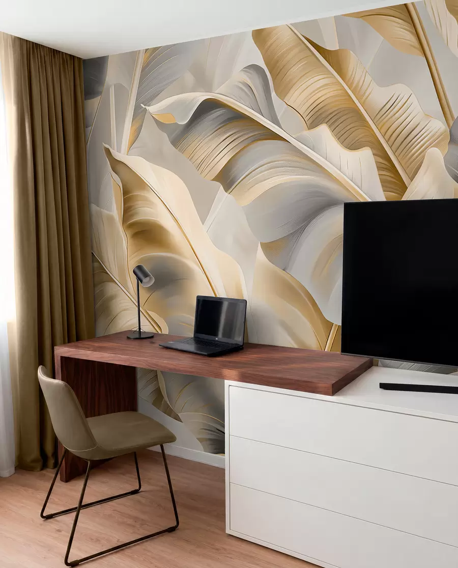 Carta da parati 3D lussuose grandi foglie di banano nei toni grigio-beige 