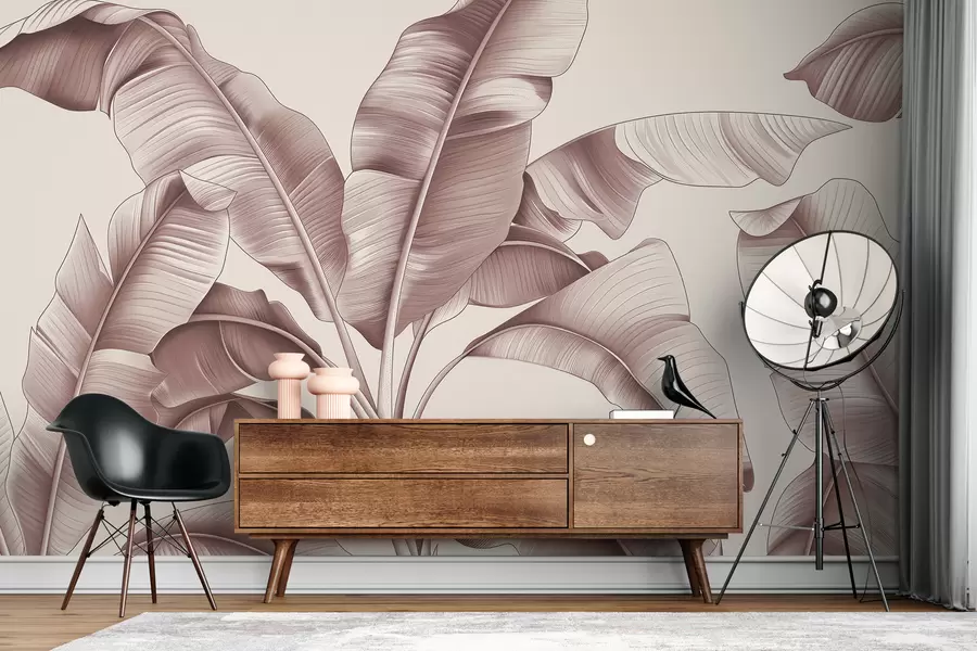 carta da parati grandi foglie di banana disegnate in rosa pastello nr. w07877v1
