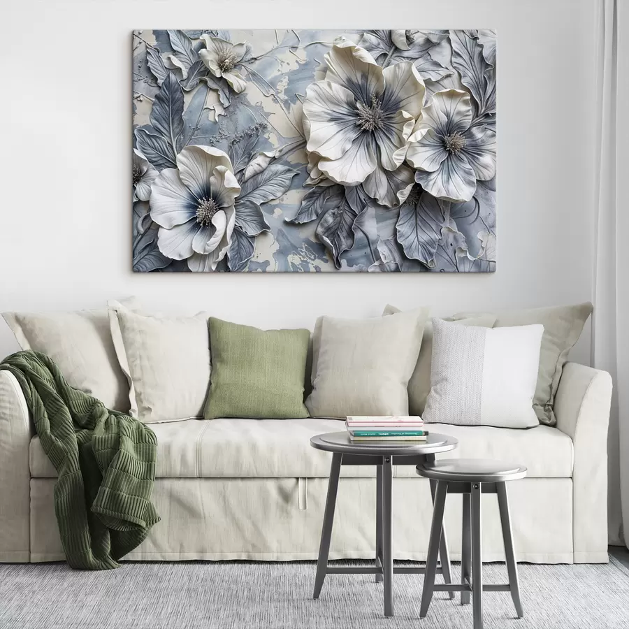 carta da parati Grande dipinto a olio grigio e bianco di fiori con dettagli intricati, su uno sfondo morbido e sfocato nr. s39385