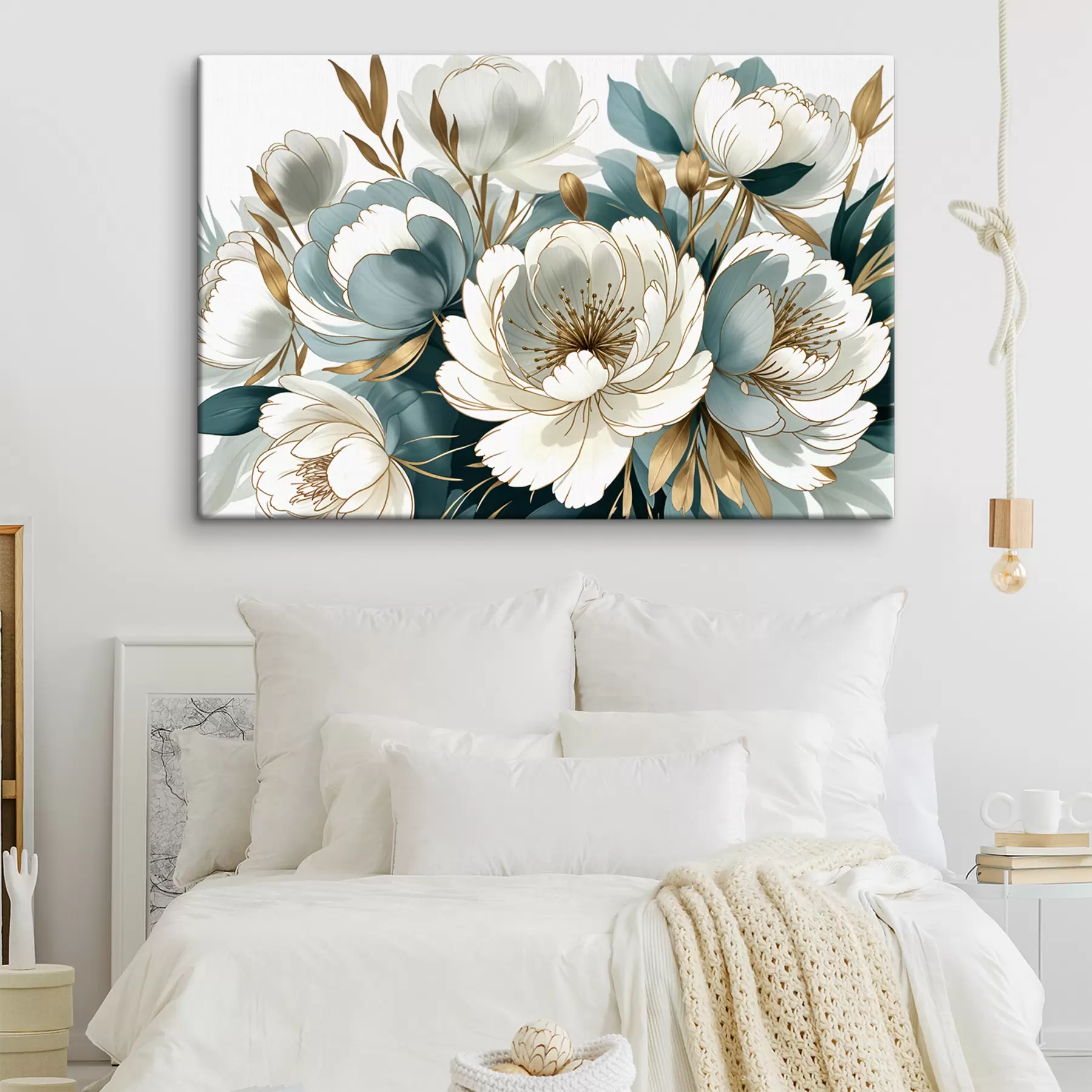 carta da parati Grandi fiori bianchi e blu con accenti circondati da un fogliame rigoglioso nr. s39389