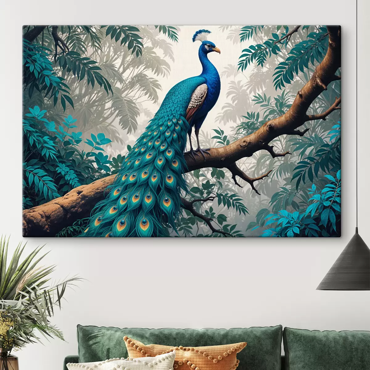 carta da parati Un pavone blu vibrante appollaiato su un ramo di un albero in una lussureggiante foresta tropicale  nr. s39401