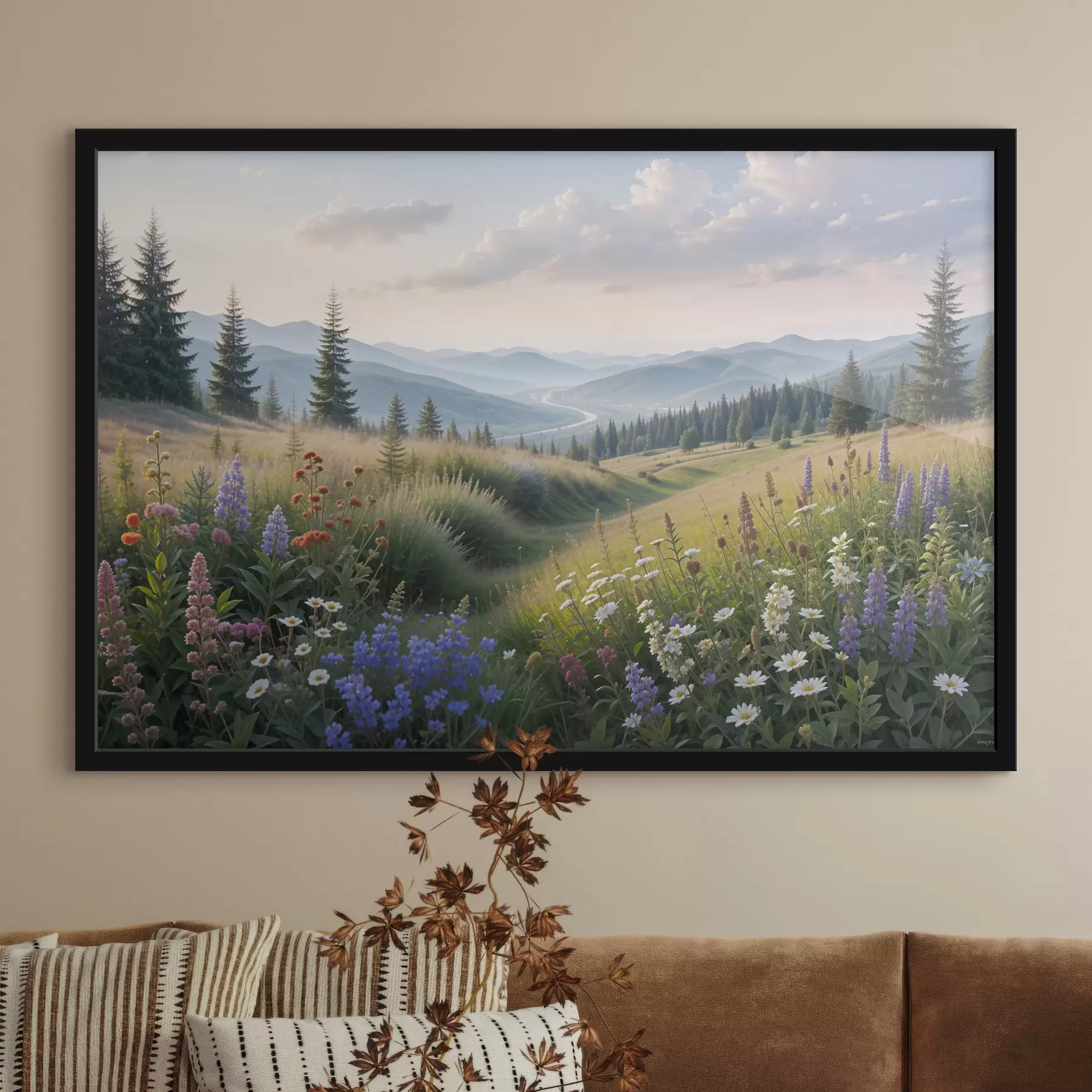 carta da parati Paesaggio montano con un prato erboso in primo piano pieno di fiori di campo colorati nr. f39382