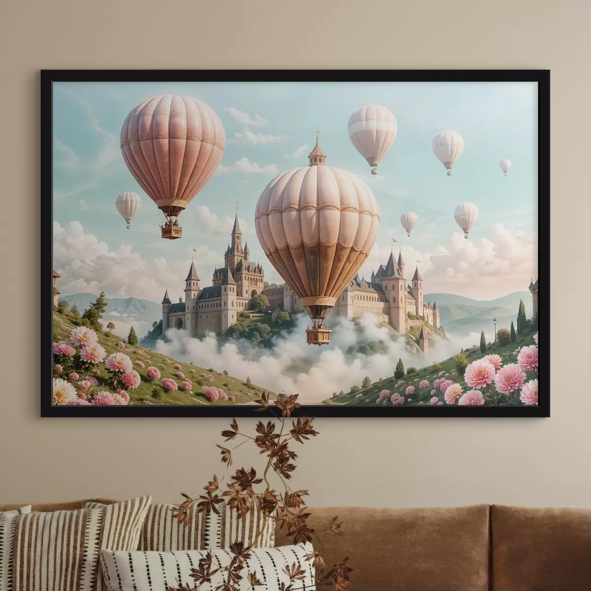 Poster Un castello fantastico circondato da mongolfiere rosa che fluttuano in un cielo nuvoloso sopra un paesaggio verde e lussureggiante f39387