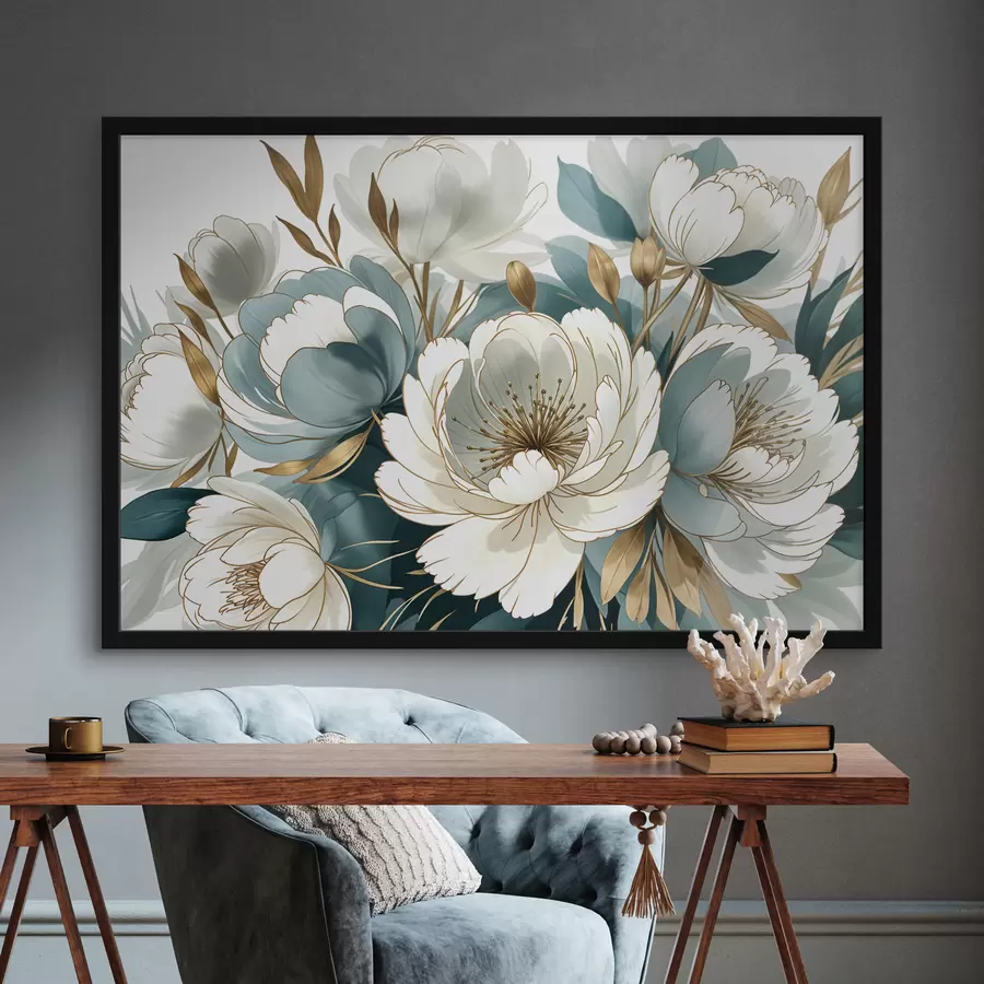 carta da parati Grandi fiori bianchi e blu con accenti circondati da un fogliame rigoglioso nr. f39389