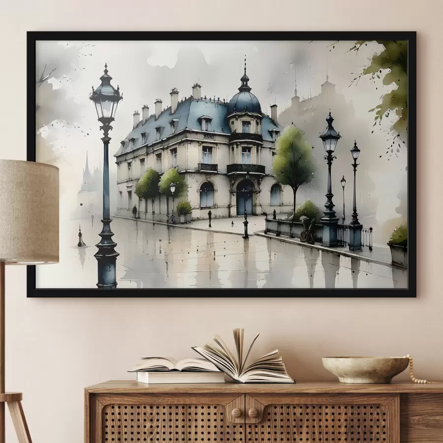 carta da parati Un grande edificio ad acquerello circondato da lampioni e alberi, in una giornata piovosa nr. f39391