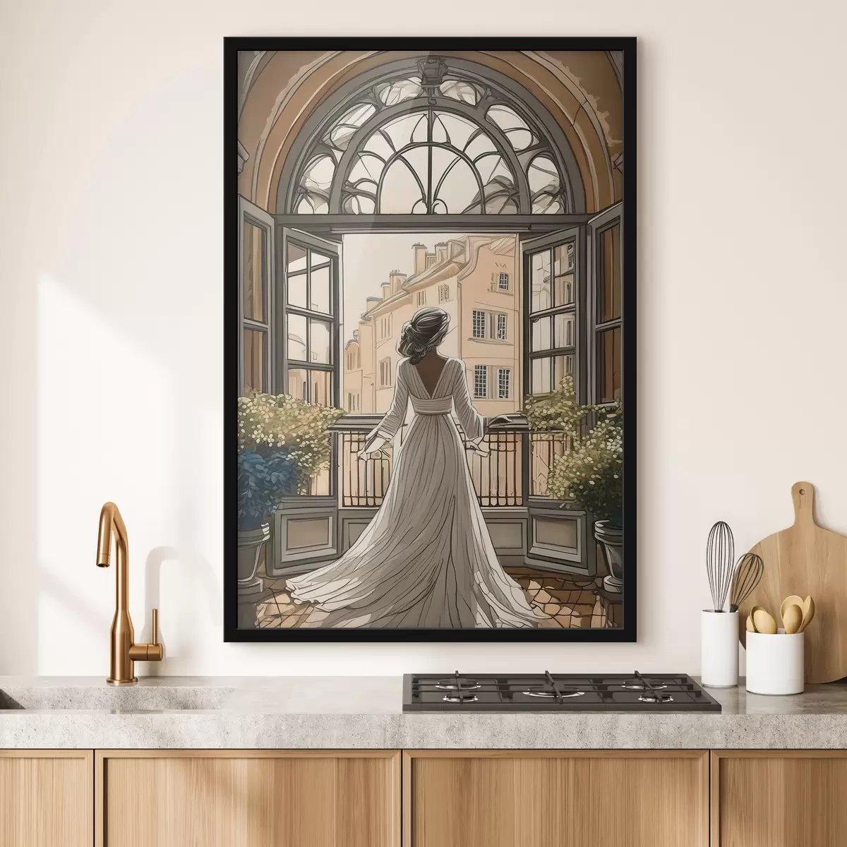 Poster sagoma di una ragazza in abito bianco vicino a una grande finestra f39480