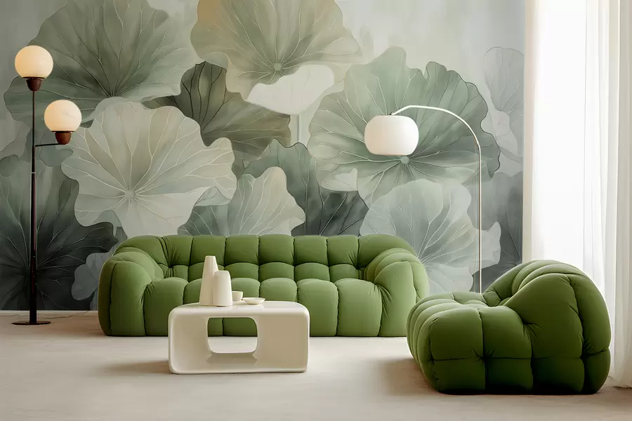 Carta da parati Floreale Grandi foglie di loto sono dipinte con acquerelli n. w07938v1