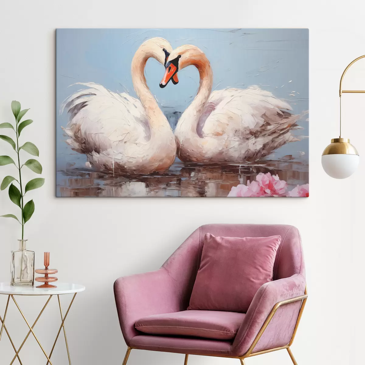 carta da parati Coppia di cigni bianchi su uno stagno, dipinto ad olio nr. s39572