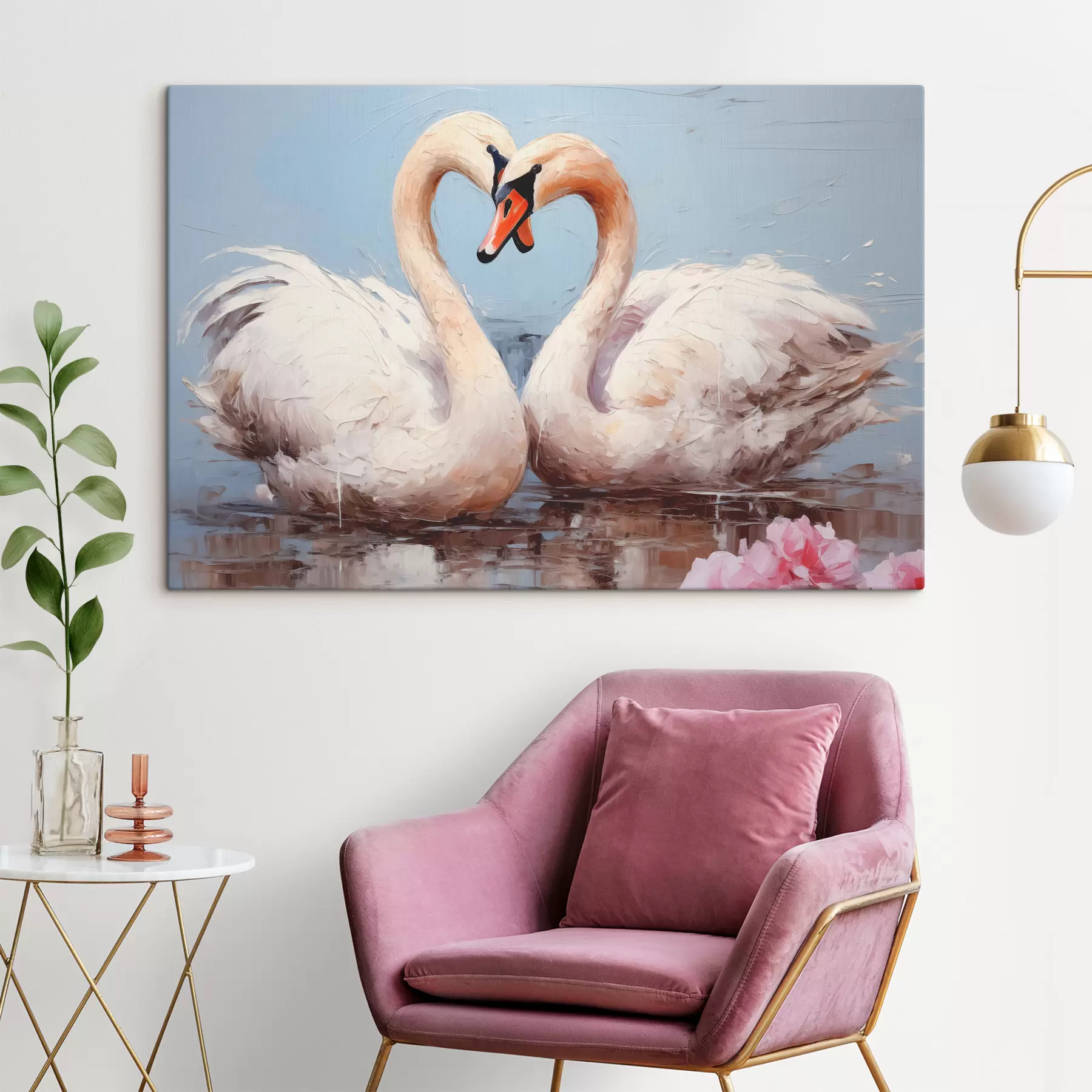 carta da parati Coppia di cigni bianchi su uno stagno, dipinto ad olio nr. s39572