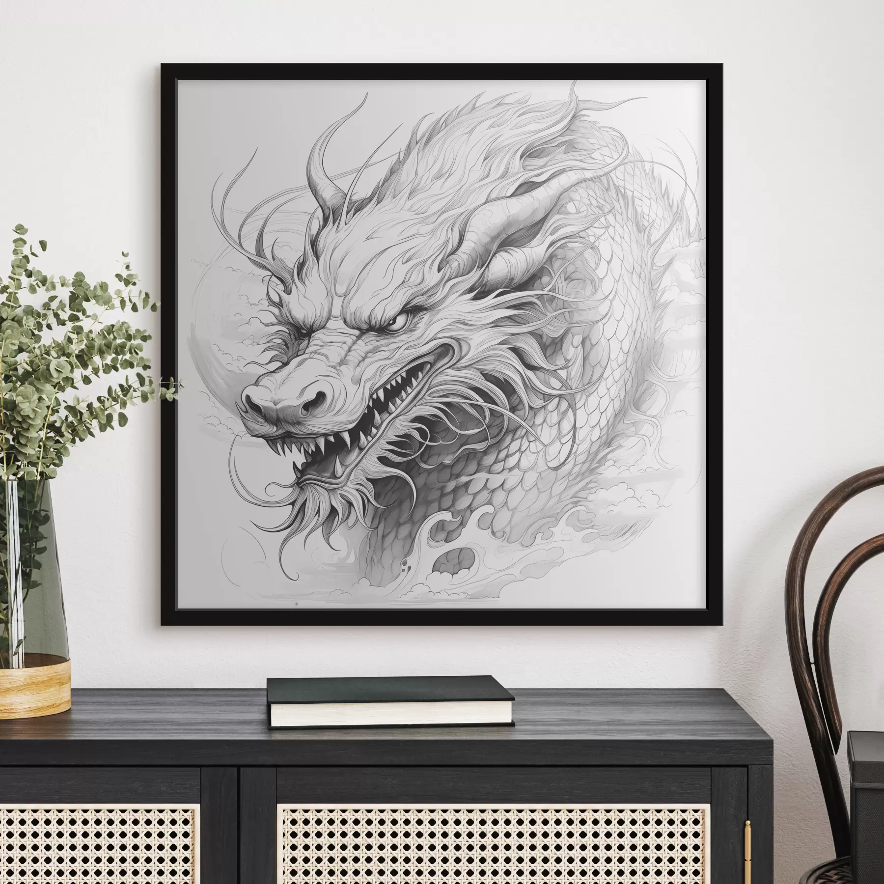 carta da parati Disegno al tratto monocromatico di un drago in stile cinese nr. f39563