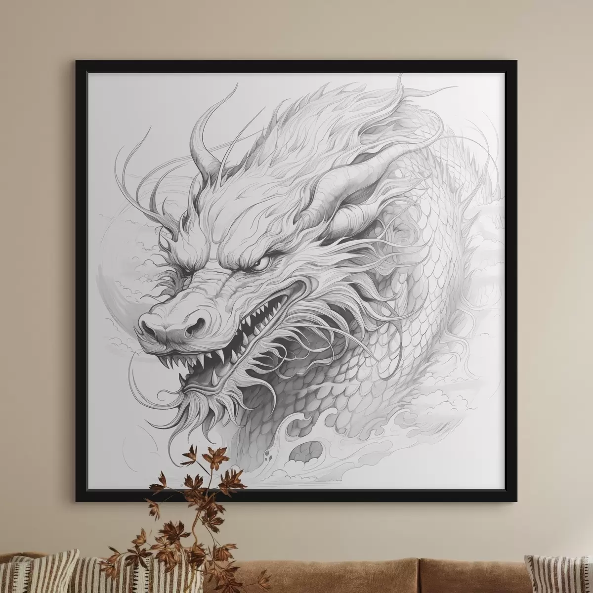 Poster Disegno al tratto monocromatico di un drago in stile cinese f39563