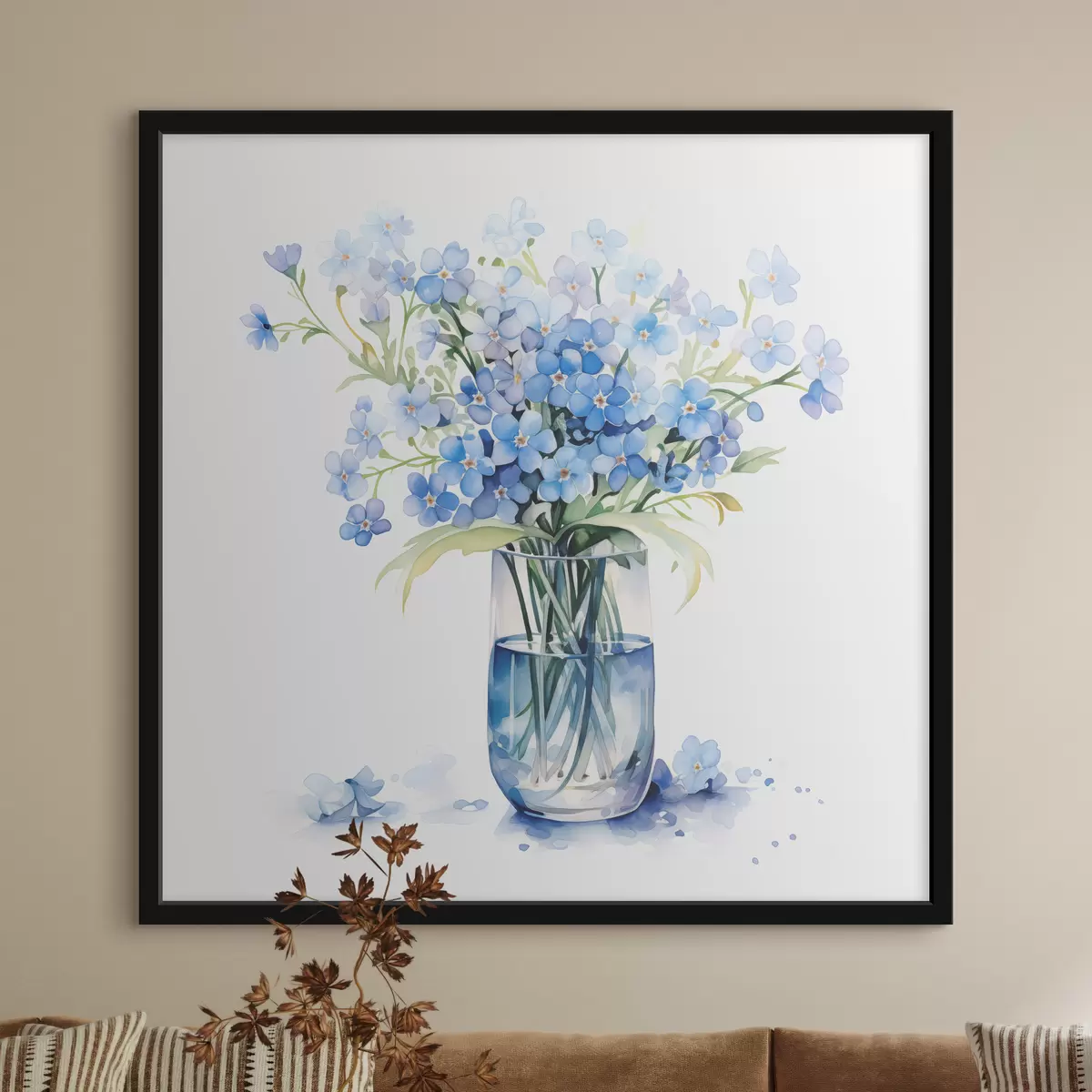 Poster Un bouquet di fiori blu in acquerello trasparente in un vaso f39564