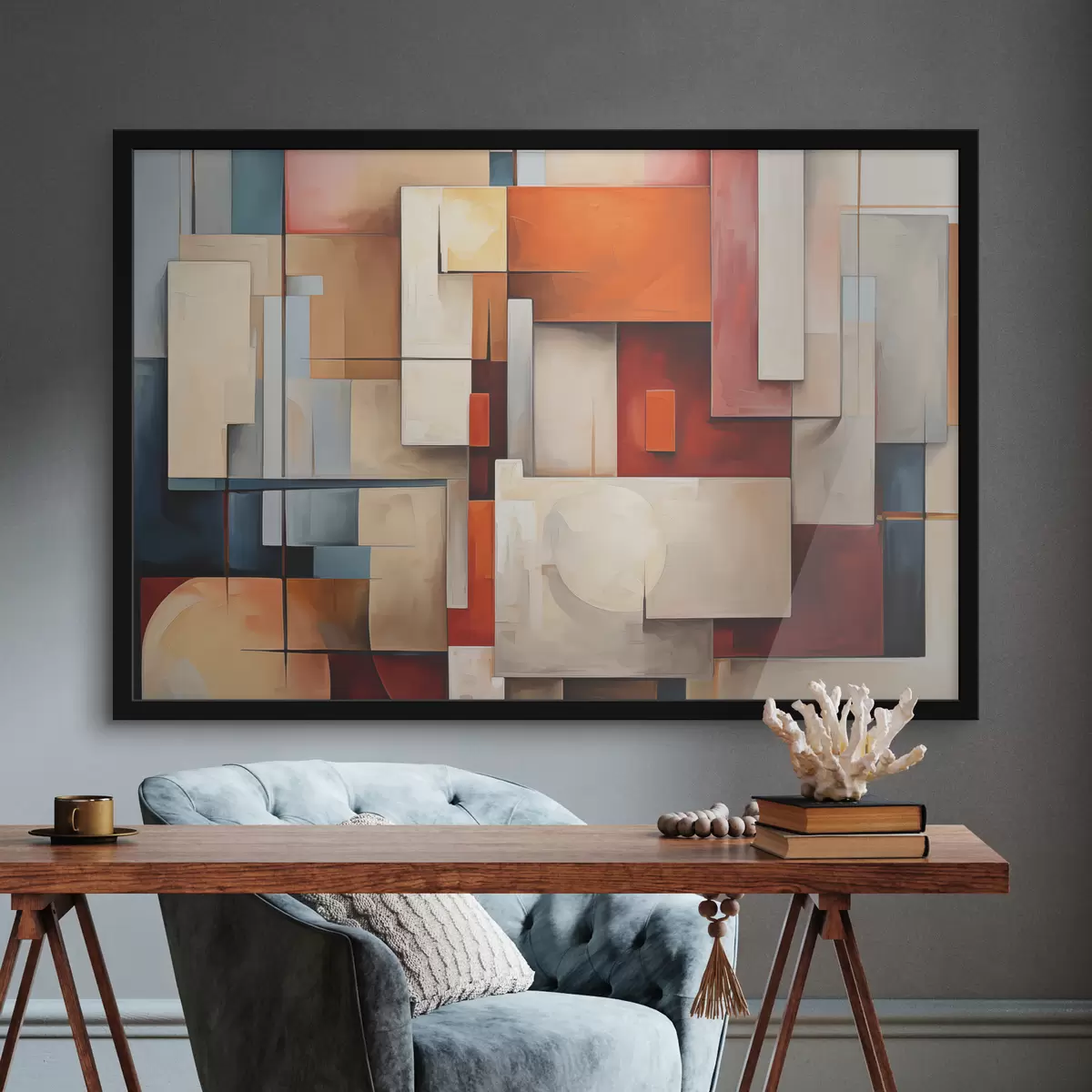 Poster Astrazione in stile cubista, pittura a olio, colori rosso, blu, bianco f39571