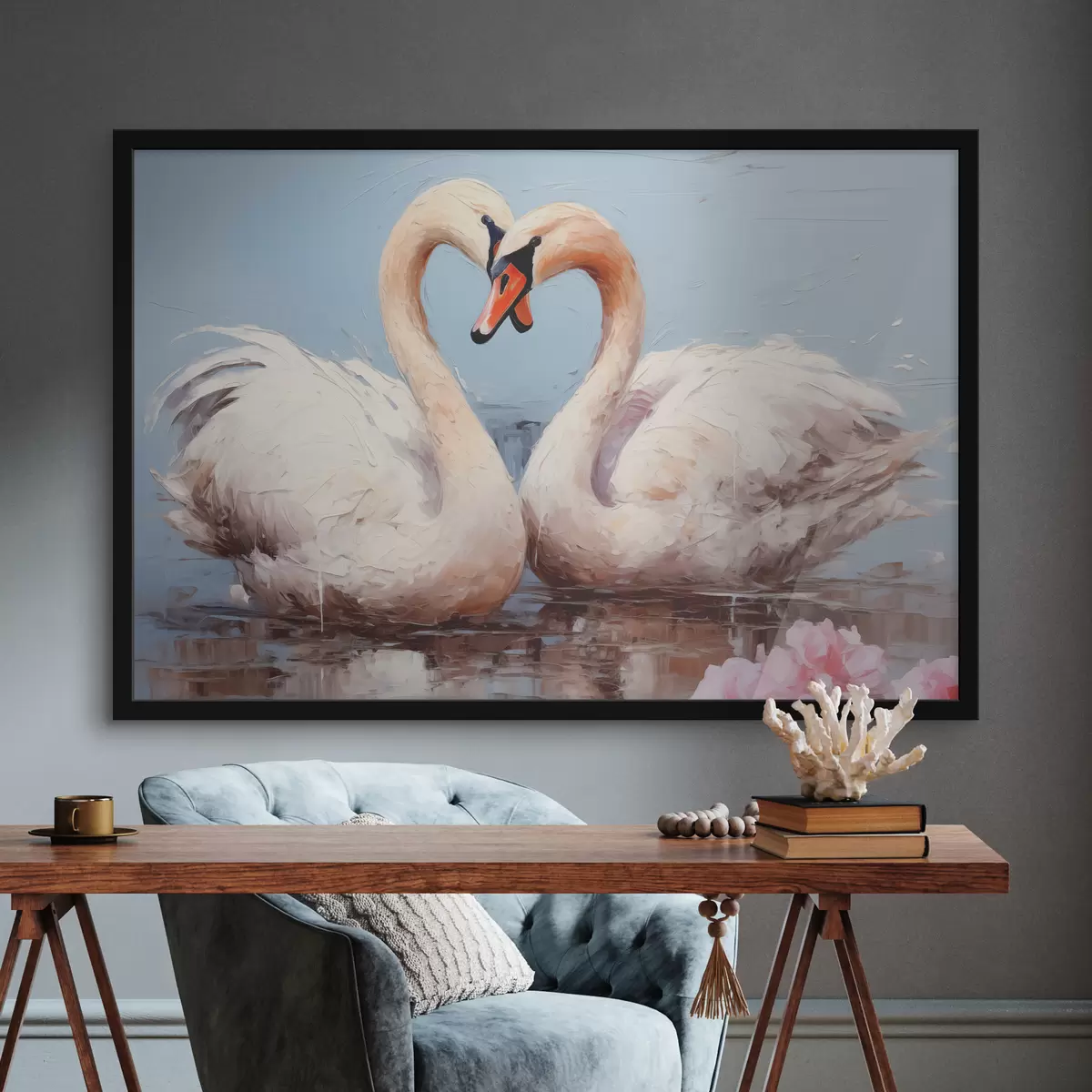 Poster Coppia di cigni bianchi su uno stagno, dipinto ad olio f39572