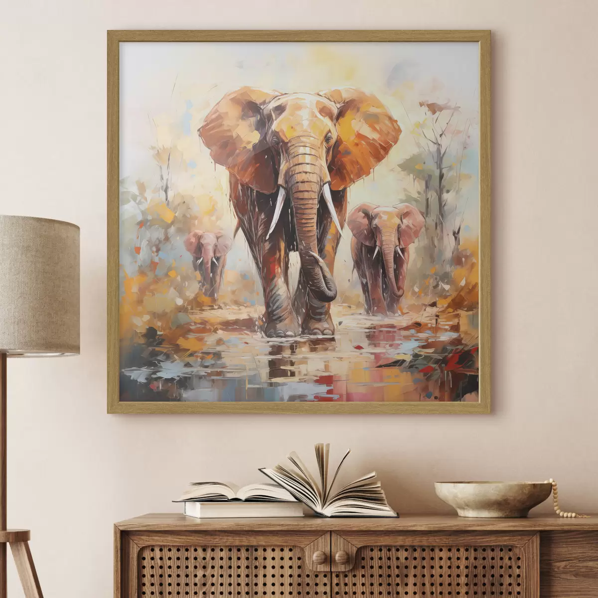 Poster Un branco di elefanti nella savana, pittura a olio, arte astratta f39573
