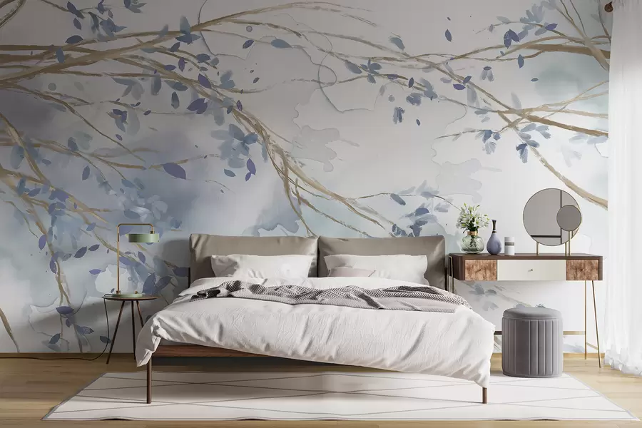 carta da parati Delicati rami floreali blu e bianchi con sfondo acquerello morbido e sfocato nr. w07919