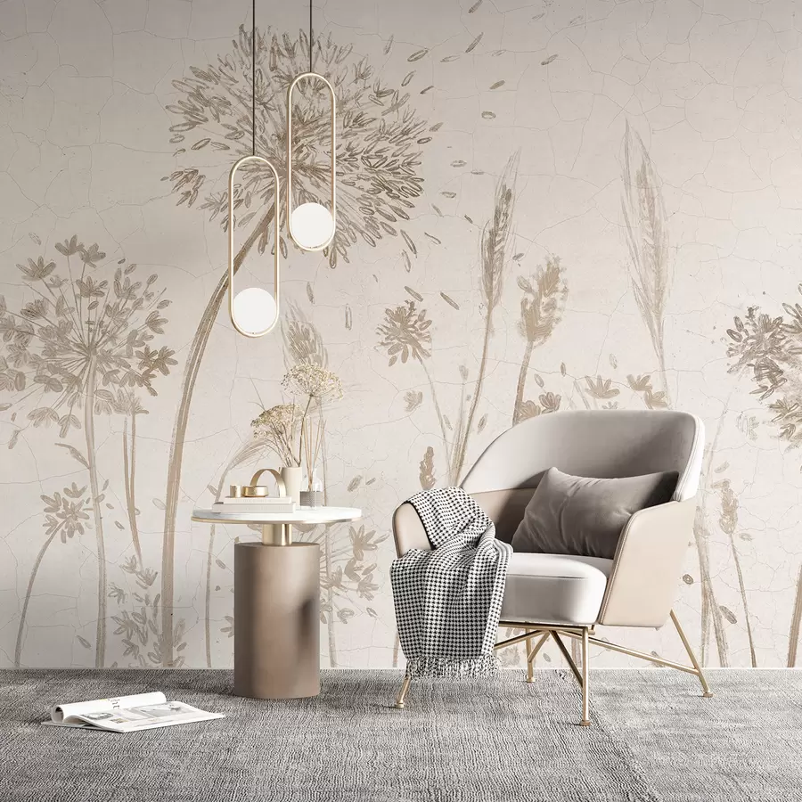 Carta da parati Floreale Un campo di denti di leone e altri fiori di campo su uno sfondo morbido e nebbioso n. w07921