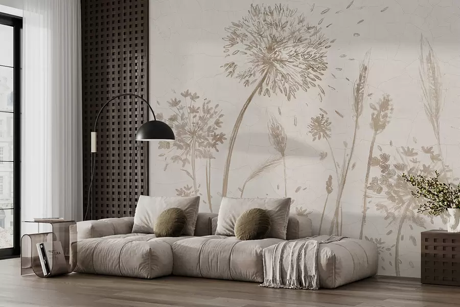 Carta da parati Floreale Un campo di denti di leone e altri fiori di campo su uno sfondo morbido e nebbioso n. w07921