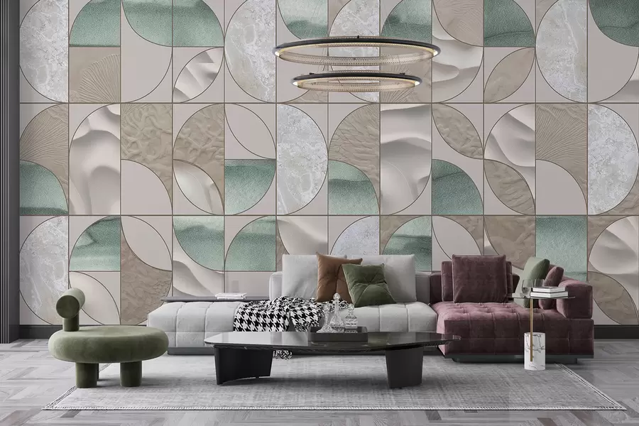 Carta da parati  Forme geometriche 3D Un motivo geometrico di texture verdi, beige e bianche disposte in un disegno astratto ripetuto