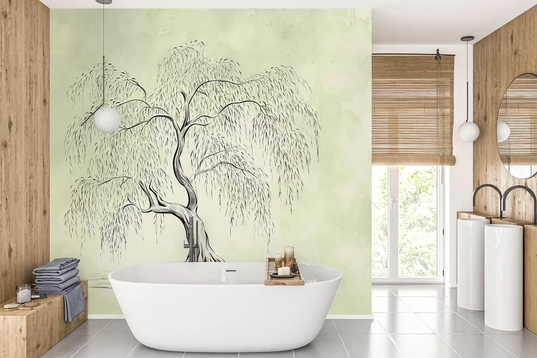 Carta da parati nature Albero di salice su sfondo acquerello grigio verde 