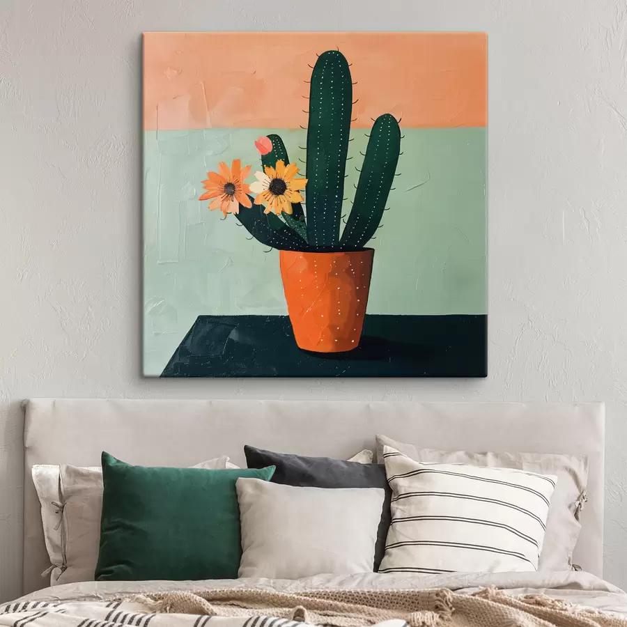 carta da parati Un dipinto minimalista di un singolo cactus con fiori in una tavolozza di colori vivaci. nr. s39452