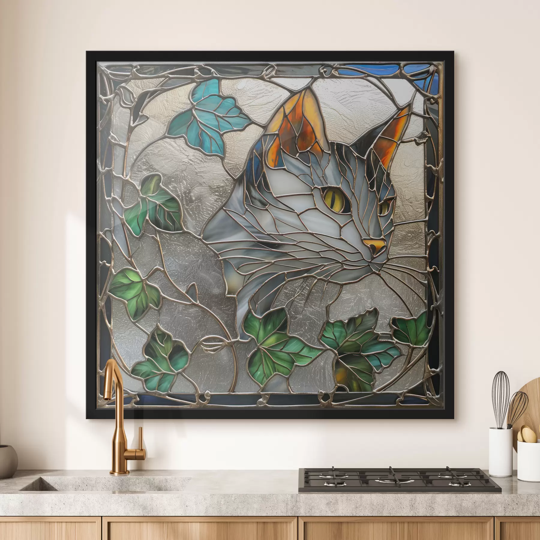 carta da parati Opera d'arte ispirata alle vetrate: gatto tra le foglie autunnali nr. f39448