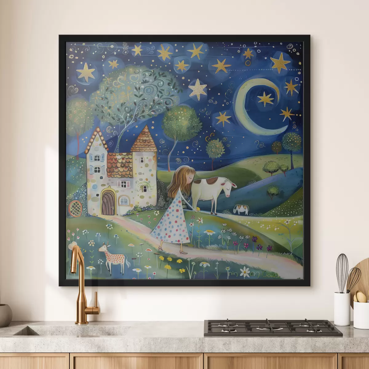 Poster Una piccola principessa, un cane, una mucca e una casa fantastica sotto le stelle in un bizzarro stile artistico ingenuo f39451