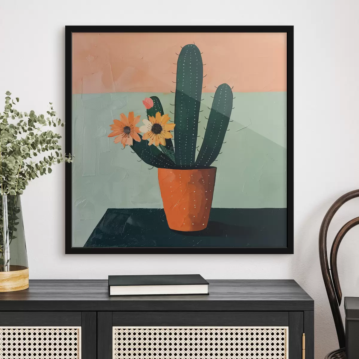 Poster Un dipinto minimalista di un singolo cactus con fiori in una tavolozza di colori vivaci. f39452