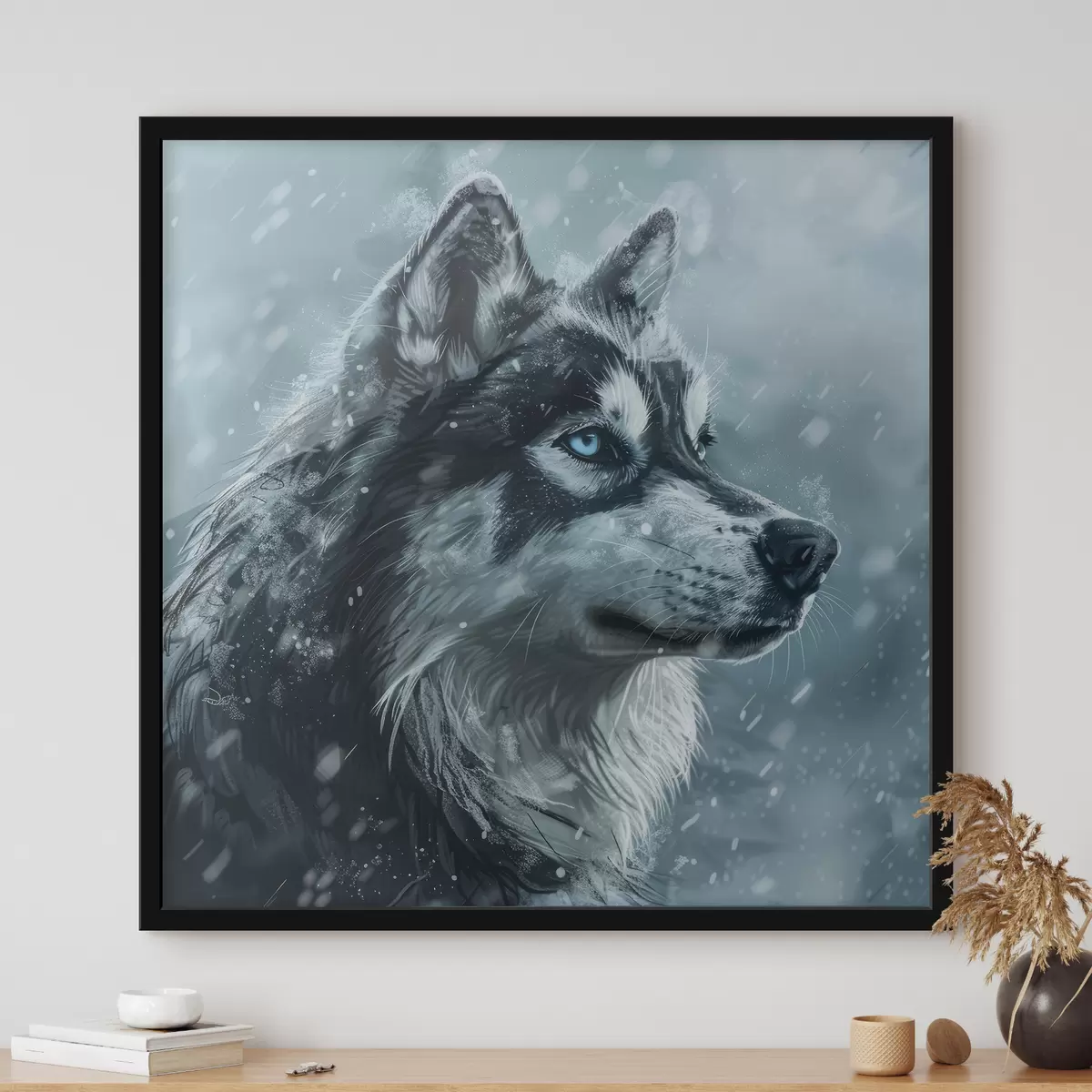 Poster Husky con occhi blu su sfondo blu invernale f39462