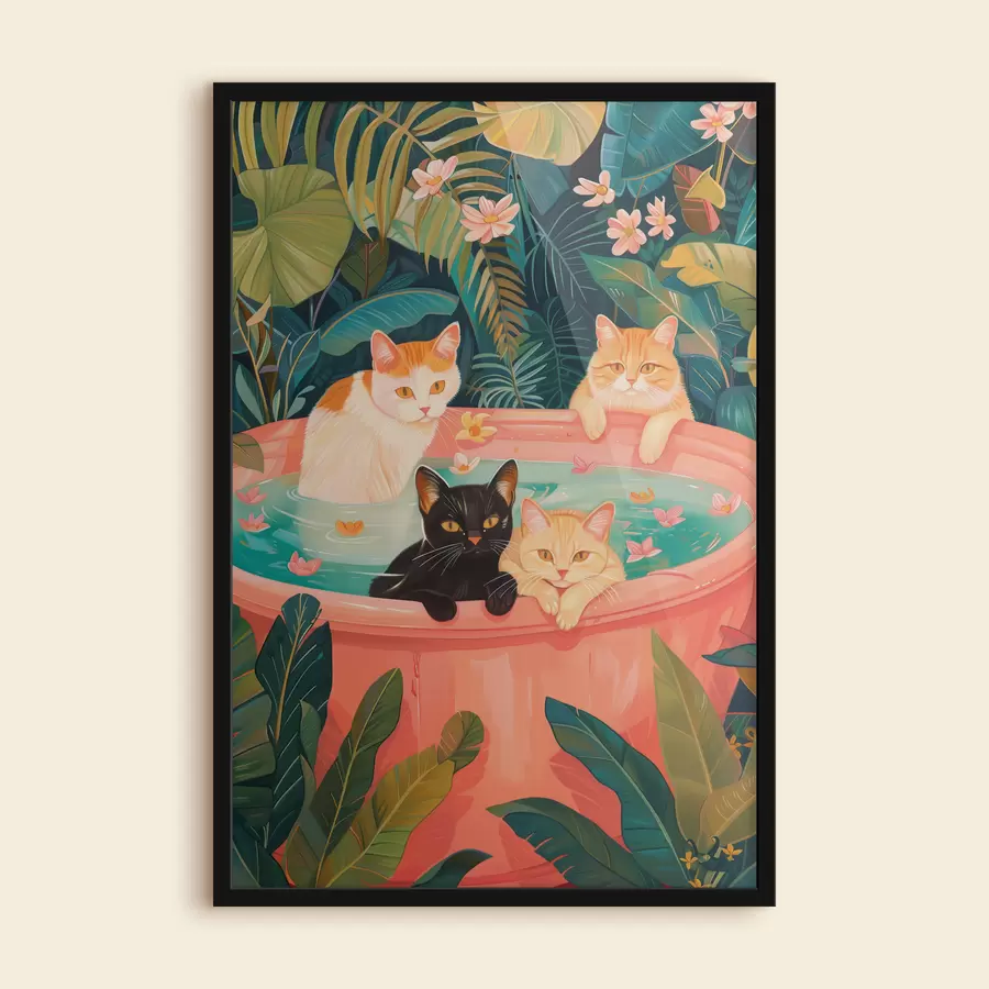 carta da parati Gatti in un bagno rosa con foglie verdi, atmosfera da giungla nr. f39465